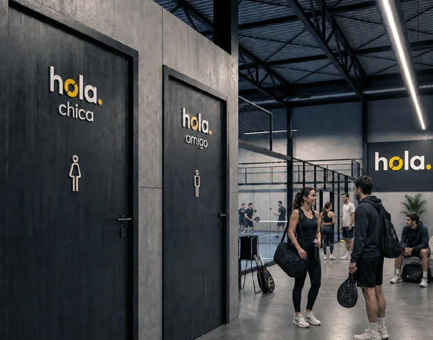 Rendering einer hola padel Anlage mit mehreren Indoor-Padel-Courts